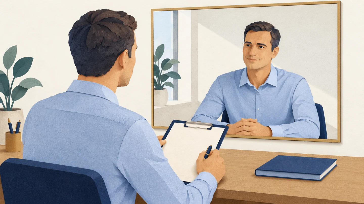 An evaluator holds an assessment clipboard while facing a mirror that reflects their own image.