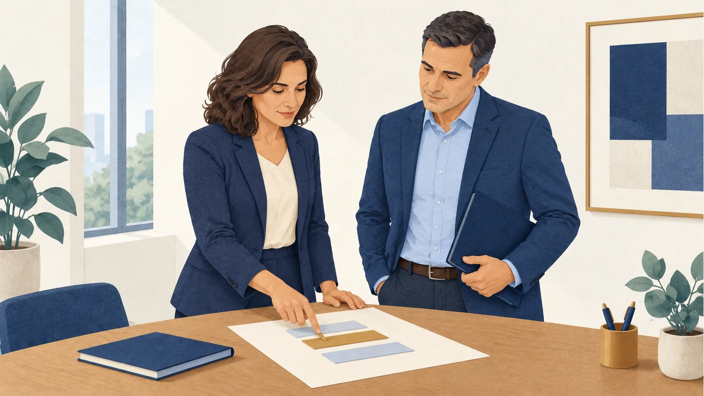 An executive search professional and a client examine a shared brief and arrange its priorities together.