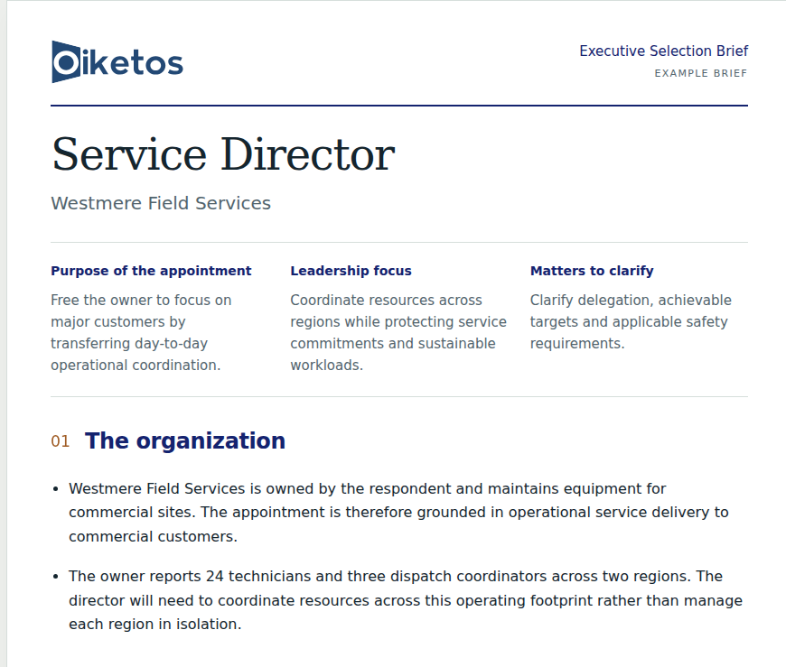 The example brief introduces the Service Director mandate at Westmere Field Services and the organization's operating footprint.