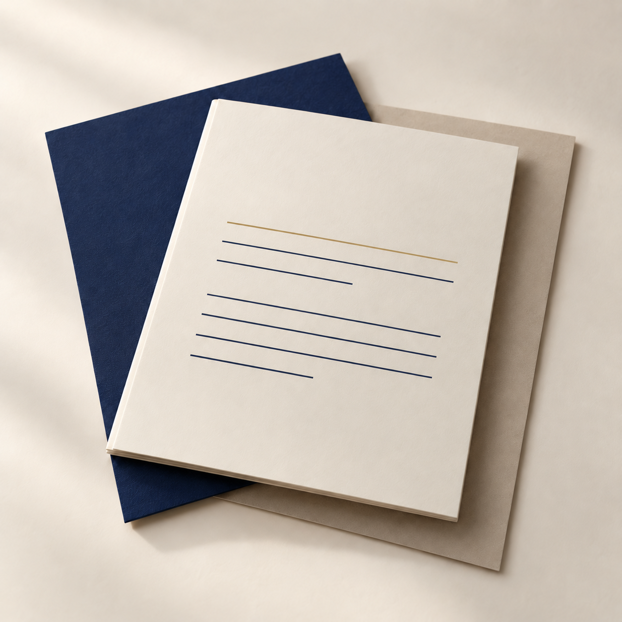 A conceptual illustration of a shared selection brief. A gold line highlights one priority, with navy and neutral layers representing complementary perspectives.